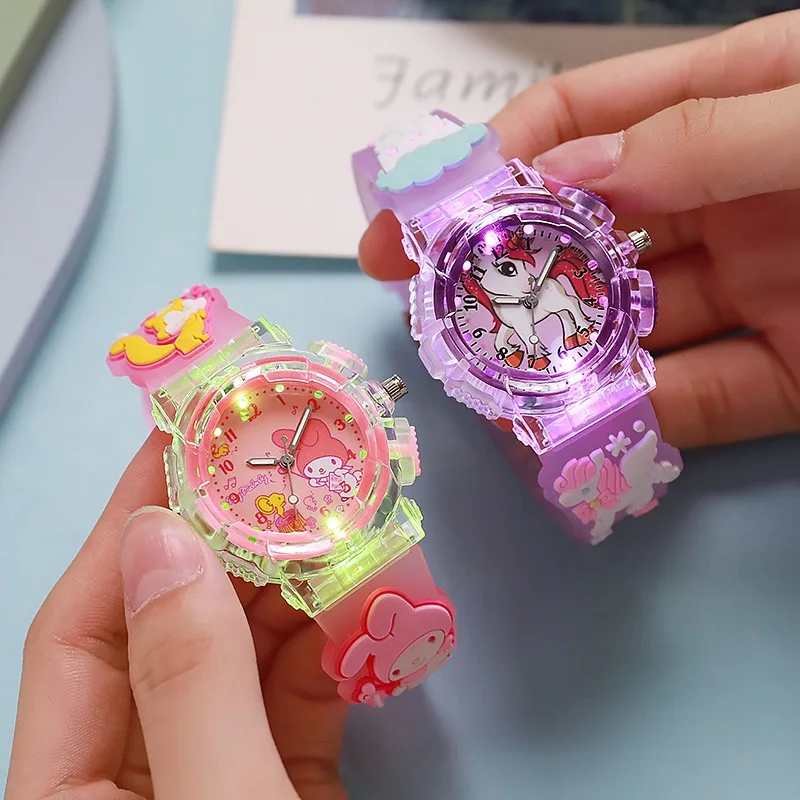 

Детские наручные часы Sanrio с 3D узором, светящиеся часы Cinnamoro Kuromi, водонепроницаемые кварцевые часы, часы Hello Kitty, детские подарки