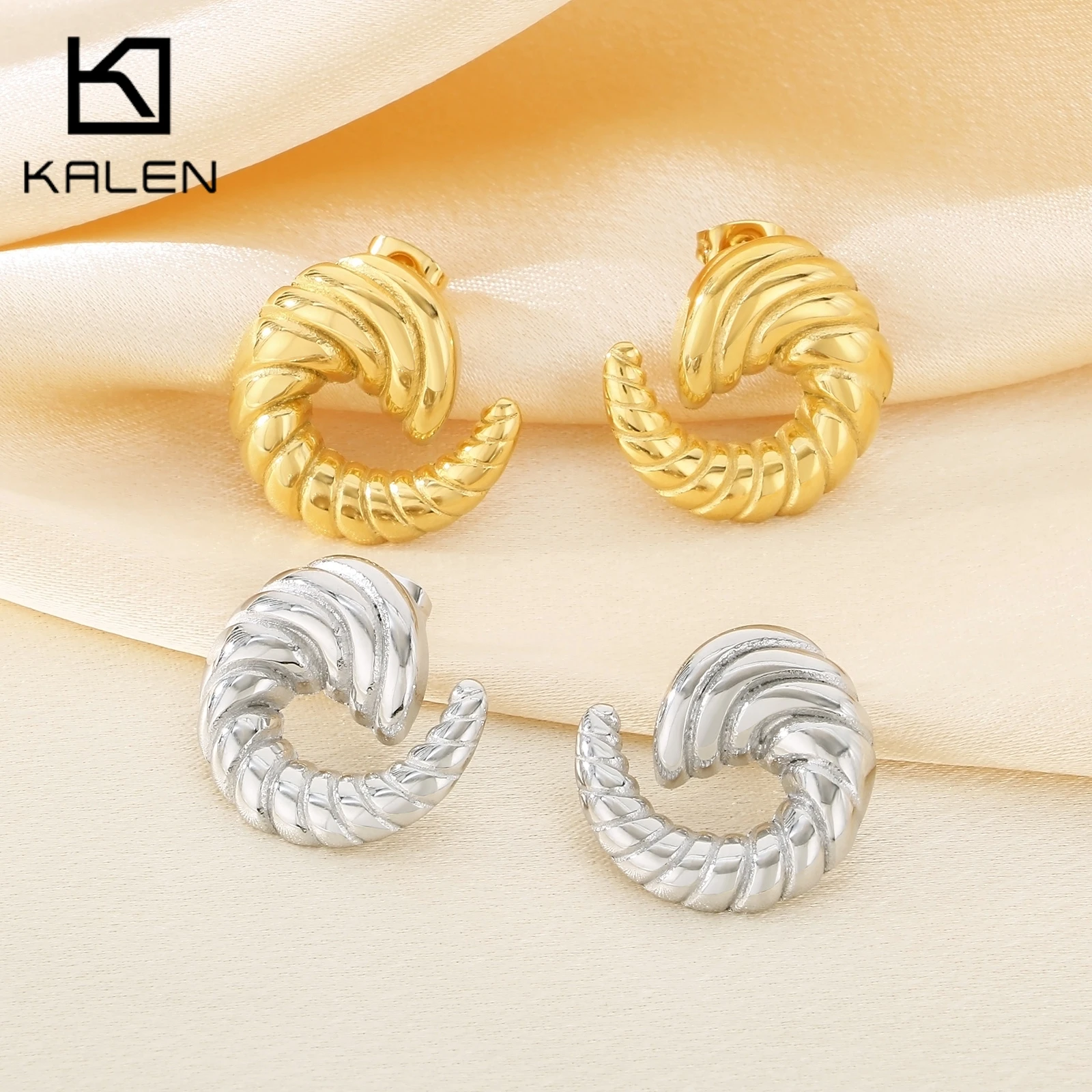 Kalen Creative Stainless Steel Spiral Horn Earrings Vortex Stud Earring for Women Gold Color Texture Irregular Ear Jewelry