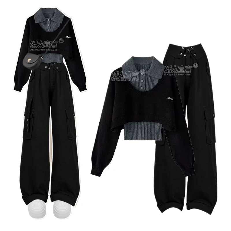 Autumn Women Knit Sweaters Cargo Pants Three-Piece Sets Knitwear Pullover Wide-Leg Pants Womens Outfits Casual Outdoor Suit New