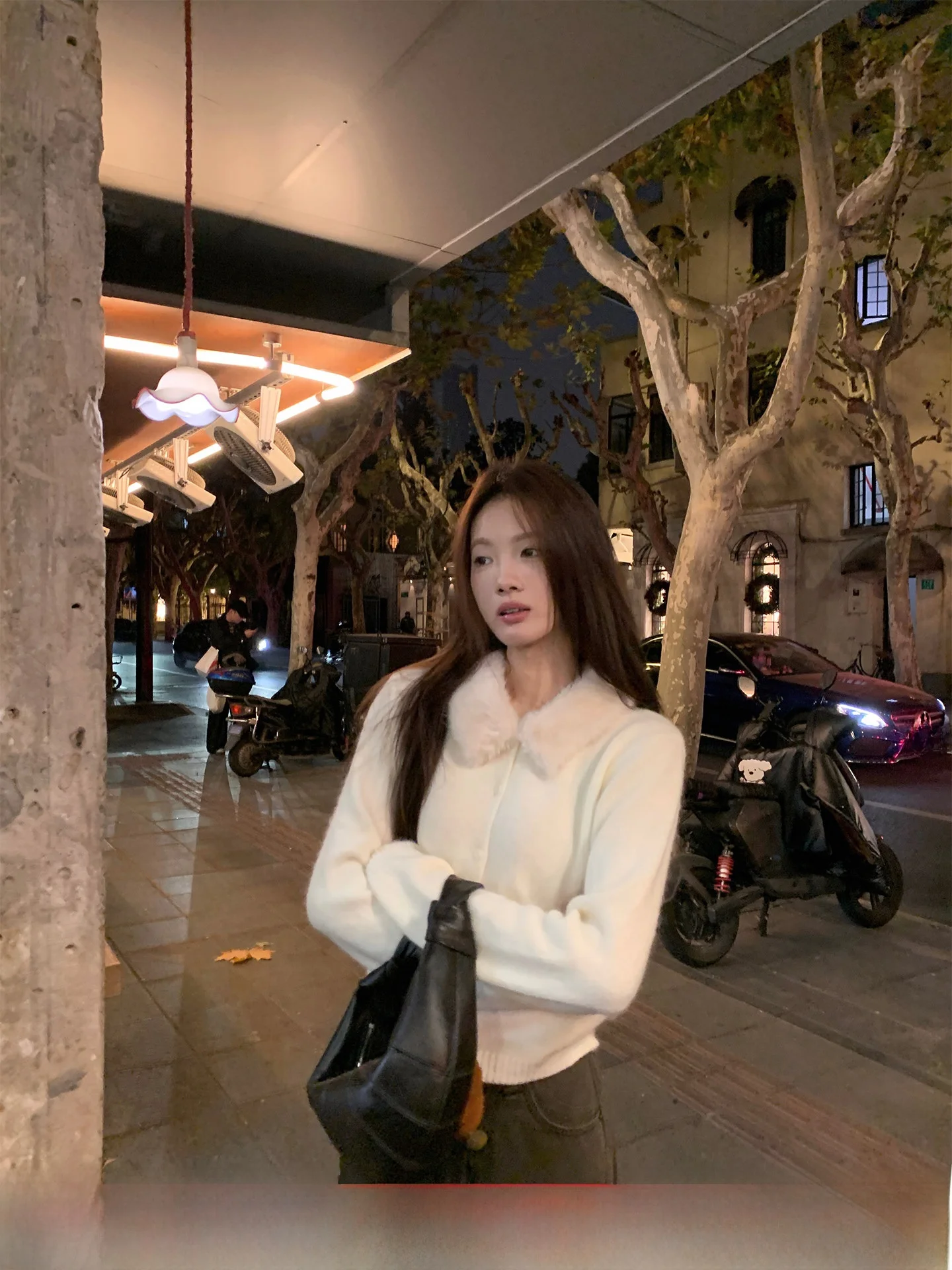 

Cactiop Initial Snow Removable Fur Collar Knitwear Women's ort Design Sense Sweater Cardigan Long Sve Rabbit Fur