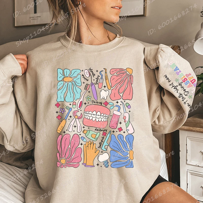 Divertida camiseta con estampado de cosas de asistente Dental para mujer, sudadera de gran tamaño, jerséis de manga larga a la moda, Tops de talla grande, sudadera sin capucha