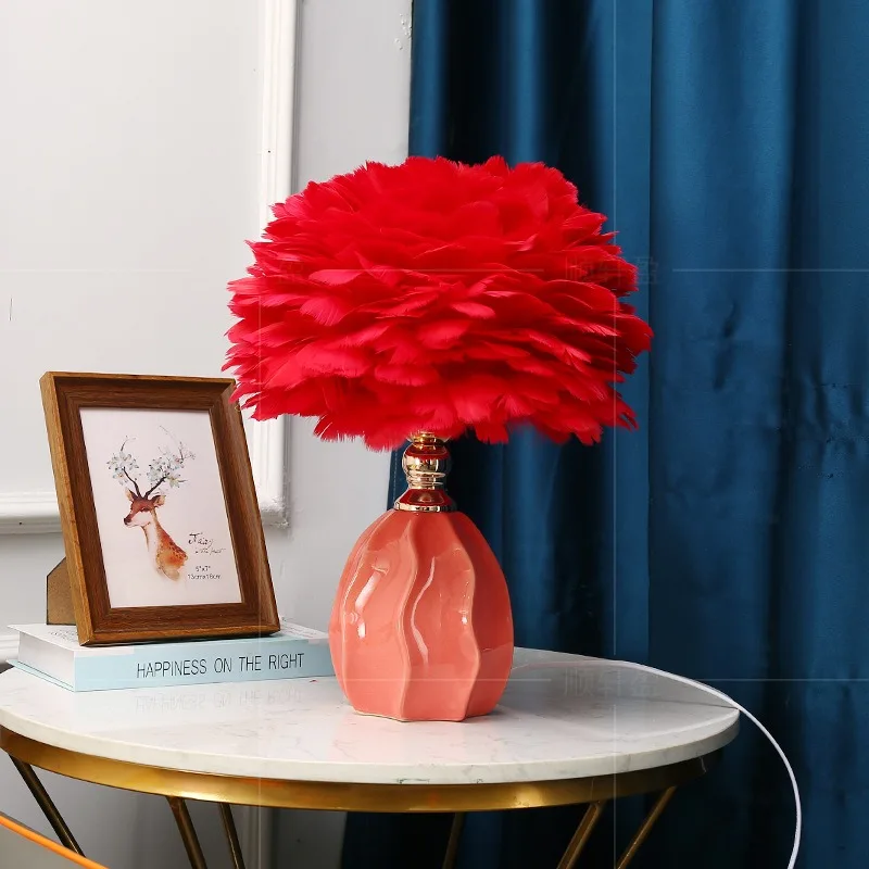 Bedroom Atmosphere, Feather Luxury, Minimalist Style, Bed Lamp, Homestay Decoration Table Lamp, Tri Color Dimming