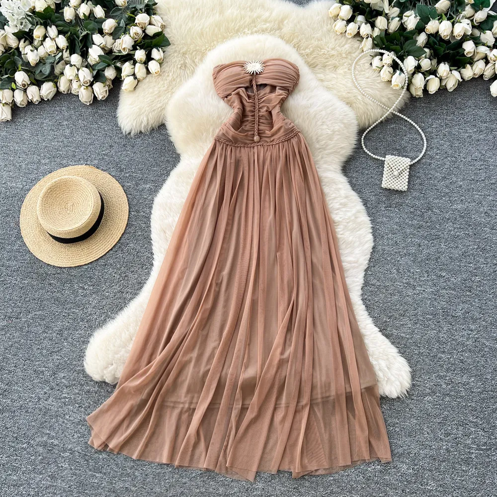 

Women Bodice Pleats Dresses Solid mesh Dress A Line Ankle Lenth Strapless Sleeveless Waist Cinch Slim Party Elegant 2026 Summer