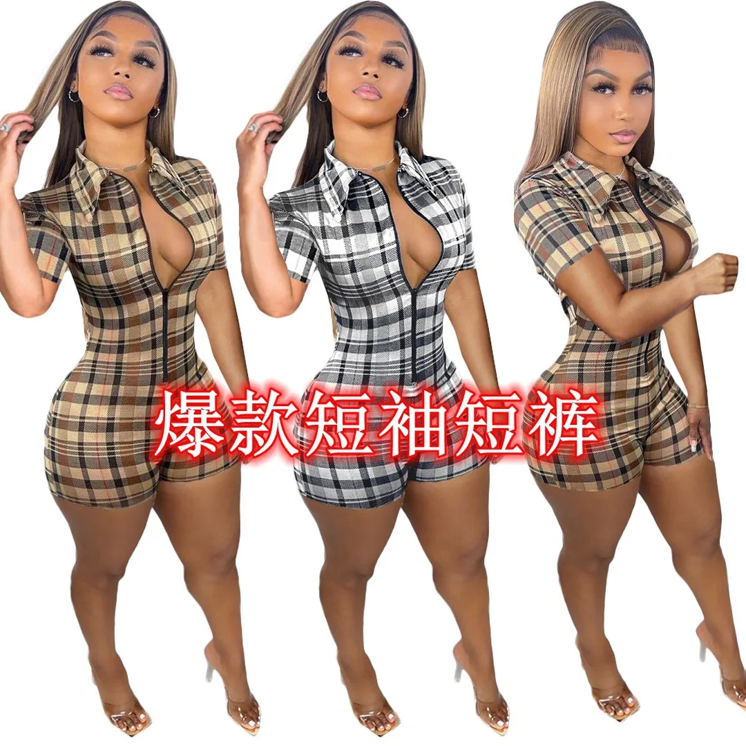 

New Plaid Printed Lapel Zipper Short Sleeve Shorts Jumpsuit Spring/Summer 2026 New Temperament Women's High Street