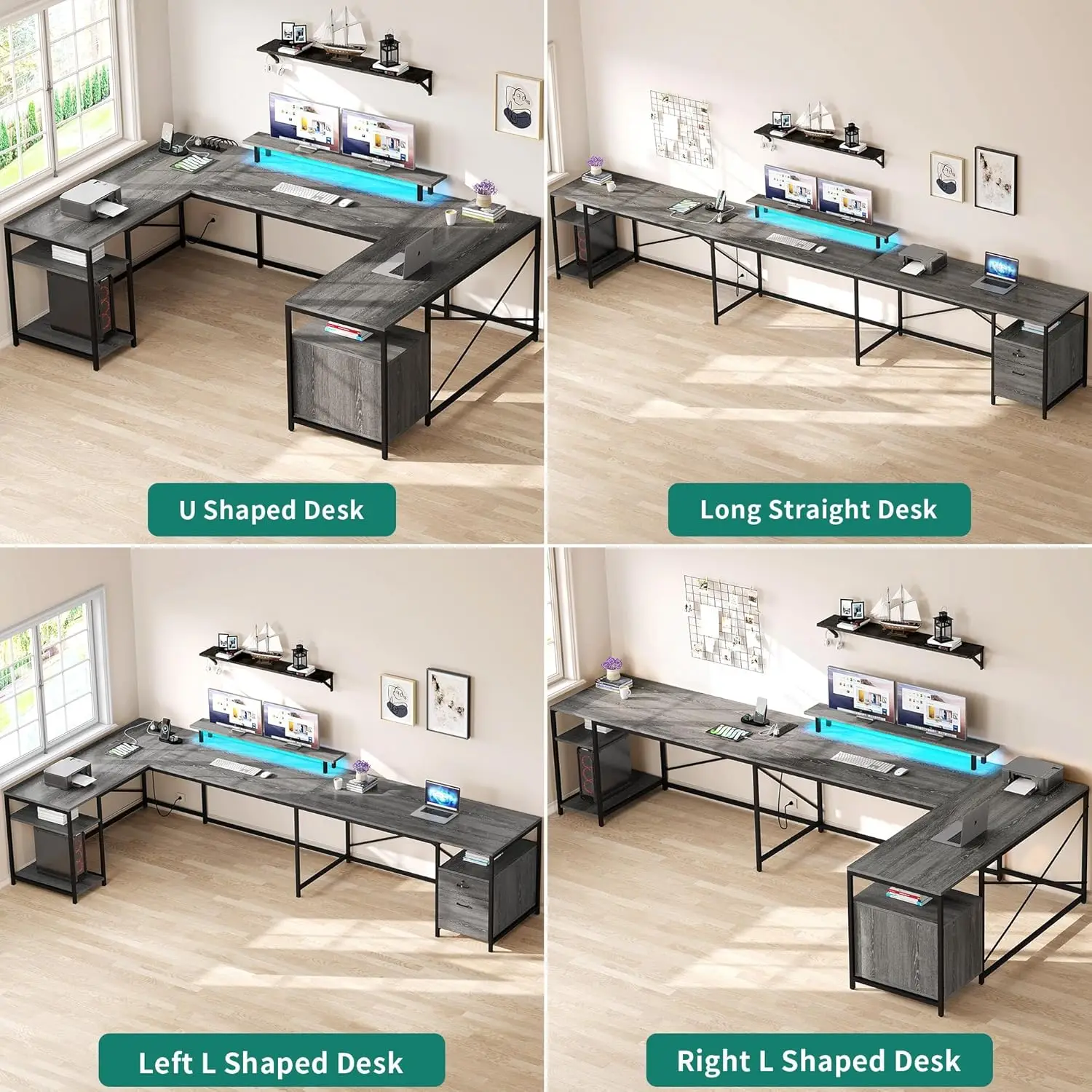 U Shaped Desk with Power Outlets & LED Lights, 79