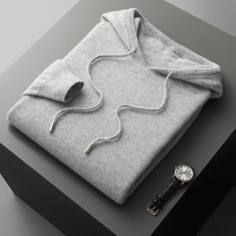 Autunno inverno nuovo maglione di Cashmere da uomo 100% lana con cappuccio colletto lavorato a maglia Pullover Casual a maniche lunghe con cappuccio