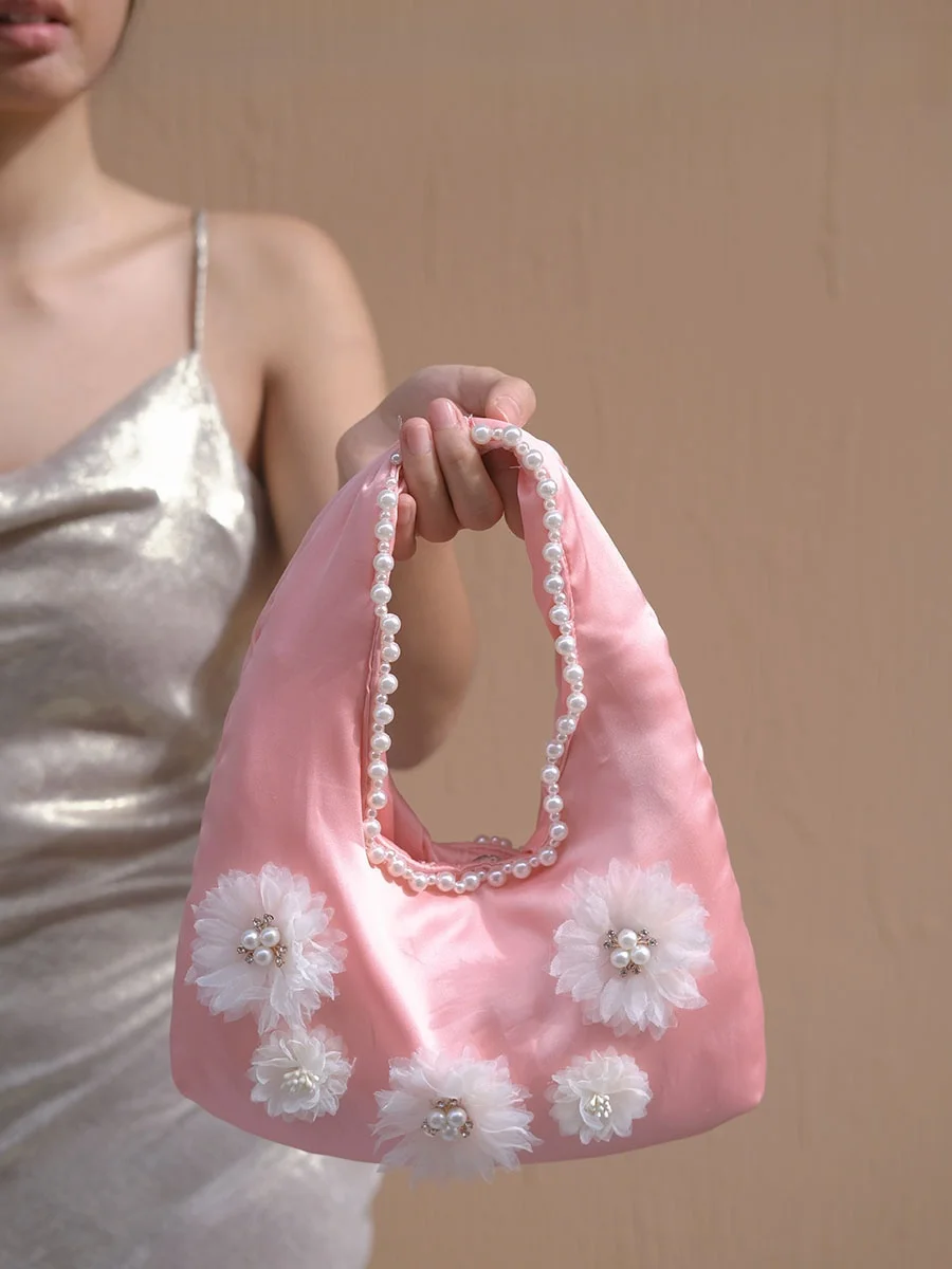 

UGALS New Chinese Handwoven Flower Pearl Tote Dumpling Silk Satin Underarm Handbag Sweet Lady Style Soft Polyester