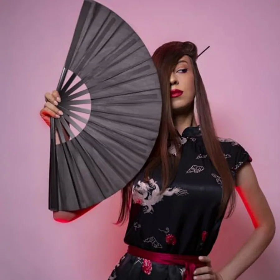 Large Folding Hand Held Fan Sturdy 13 Inch Nylon-Cloth Vintage Retro Fabric Big Rave Clack Fan for Line Dancing Chinese Kung Fu