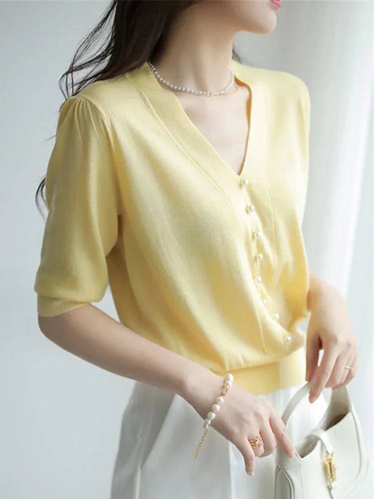 Summer Short Sleeve Knitted Women Sweater Fashion Casual Beading V-Neck Sweater Women Pullover Tops Women Sweaters Pullovers G17