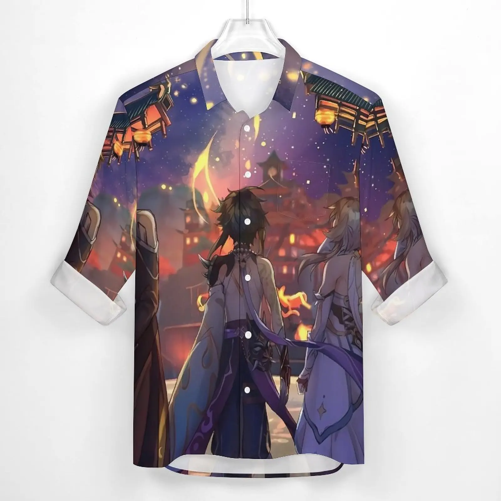 Genshin Impact Stylish Casual Shirt Mens Anime Print Shirt Autumn Novelty Blouses Long Sleeve Graphic Oversized Top