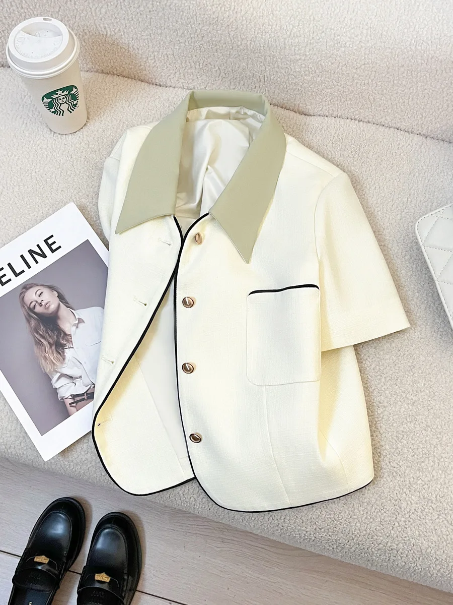 Spring and summer women's casual solid color lapel short sleeved jacket