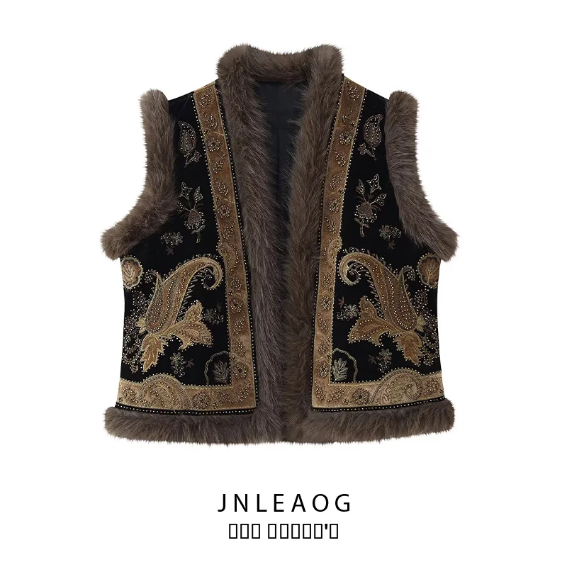 

Faionable Beaded Embroidery Vest JNLEAOG Women's Autumn New Sle Commute Sle round Ne No Button Polyester Fiber