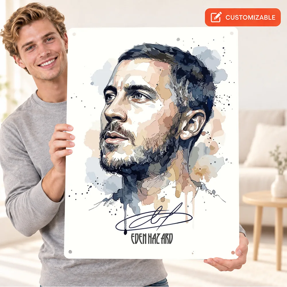 Eden Hazard Portrait Football Textured Metal Poster Personalized Aluminum Metal Sign Watercolor Style Wall Art For Game Room