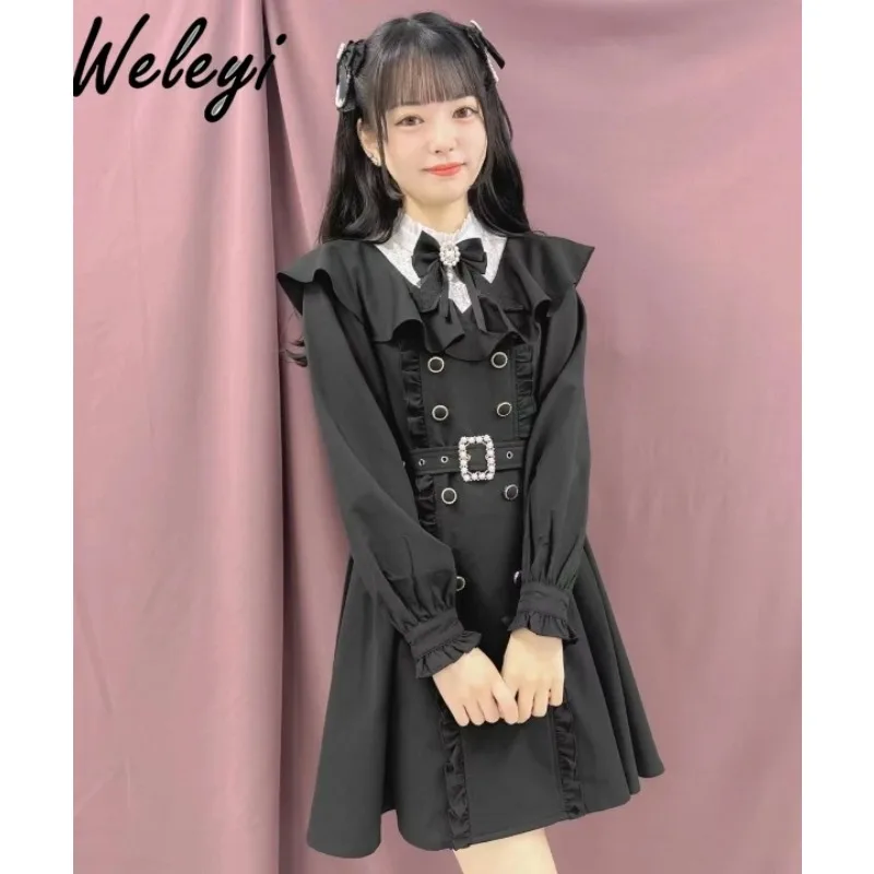 

Jirai Kei Sweet Women's Midi Dress 2024 Spring and Summer Long Sleeve Black Colorless Windbreaker Cute Lolita Mine Style Dresses