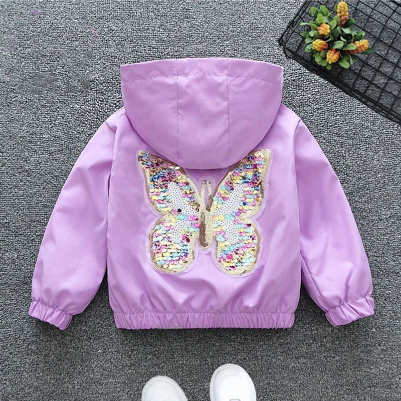 Girls Butterfly Decoration Windbreaker Kids Autumn Hooded Jacket Zipper Coat Fashion Outdoors Christmas Birthday Gift Clothing