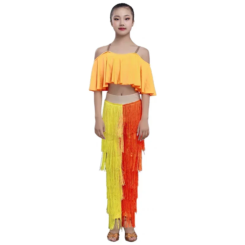 ใหม่เต้นรําละตินเสื้อผ้าชุดสาวสีเหลือง Cropped Tops Fringed กางเกงชุดเด็กชุดการแข่งขันเครื่องแต่งกาย