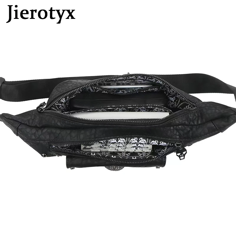 JIEROTYX Fanny Pack for Women Leather Vegan Belt Bag Goth Skull Crossbody Chest Waist Packs Hip Bumbags Vintage Rivet