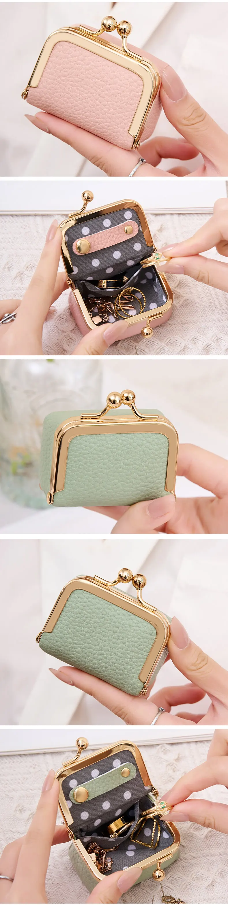 Neue Damen-Schmuckbox aus Kunstleder in Uni-Farbe, Aufbewahrungsbox für Ringe, Halsketten, Ohrringe, Mini-Münzbörse mit Kussverschluss – Detail 4