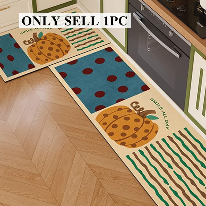 Kitchen Floor Mat Pvc Waterproof Leather Carpet Long Non-slip Oil-proof Foot Mats Orange Polka-Dot Wave Print Home Decor Rug