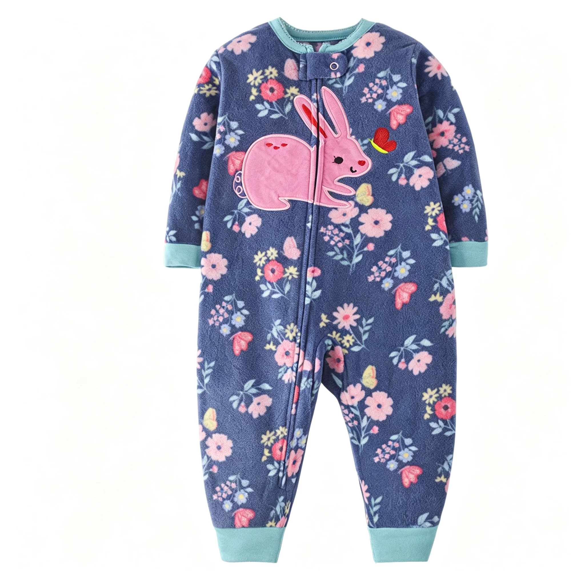 Full Zip Baby Footless Romper for Girls Polar Fleece Warm Long Sleeve Floral Embroidery Autumn Winter Infant Clothing 9-24M