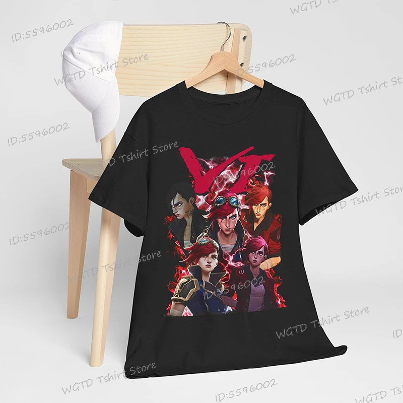 Vi Arcane T-Shirt Unisex Vintage Streetwear League of Legends Shirt Anime Graphic T Shirts Women Men Clothes