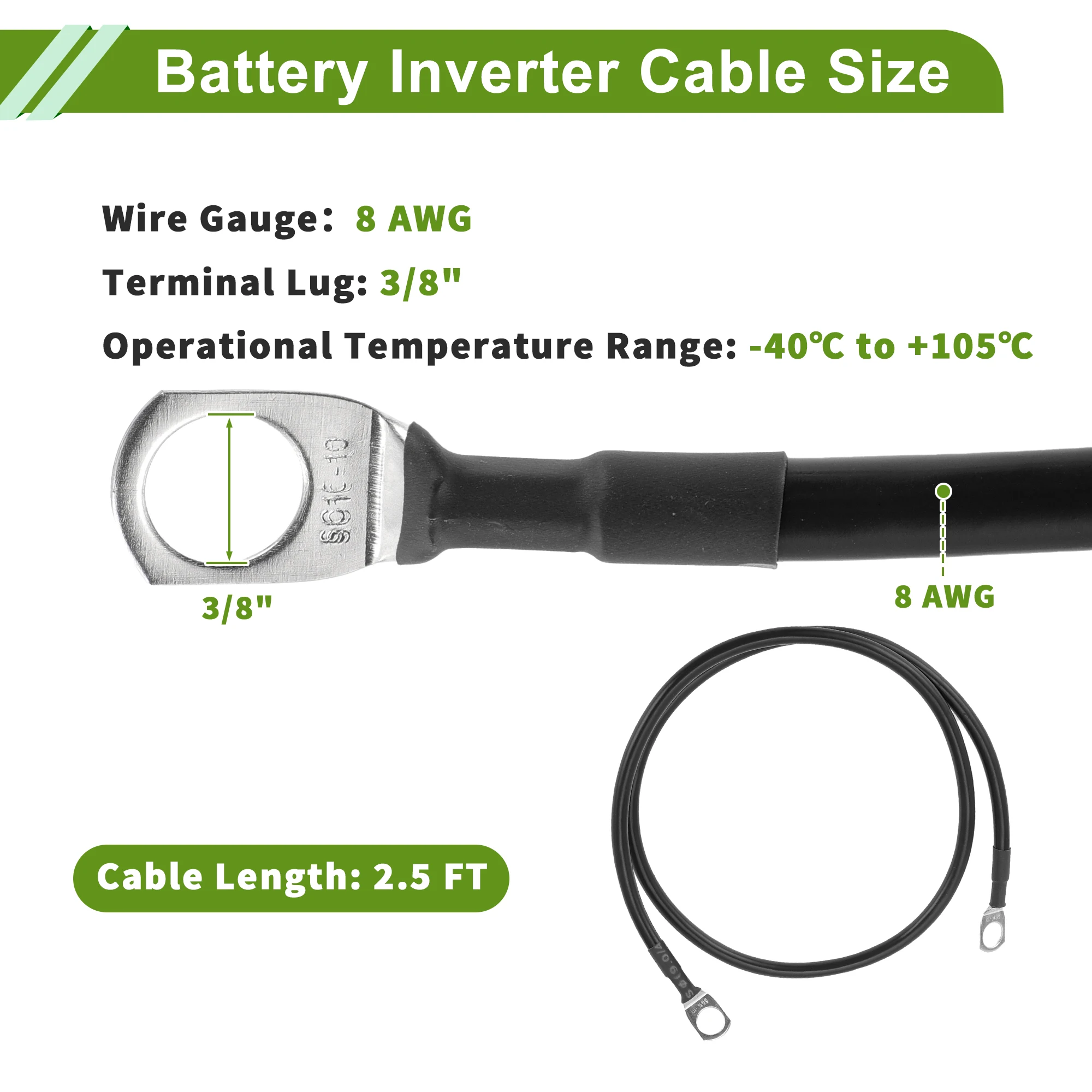 X Autohaux 8 AWG Gauge 2.5FT Tinned Copper Battery Inverter Cable 3/8