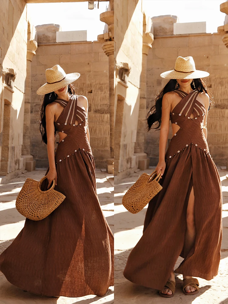 TIYIHAILEY 긴 맥시 여름 여성 숙녀 드레스 민소매 패션 섹시한 슬릿 2025 새로운 브라운 스파게티 스트랩 휴일 S-L