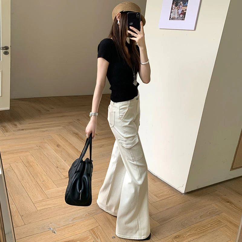 

ZHISILAO New Vintage Flare Jeans Women Casual Y2k High Quality Beige Denim Pants Spring Summer 2026