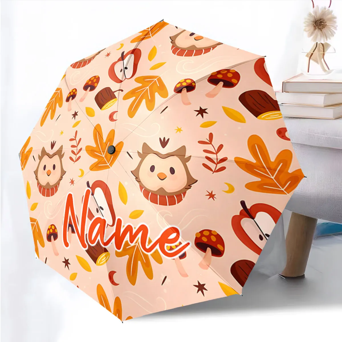 Custom Name Custom Owl Umbrella with Autumn Leaves Theme Print 8 Iron Ribs Folding Umbrella, Auto-Open Fashion Sunshade