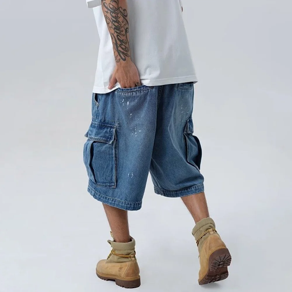 Shorts jeans de bolso múltiplo Y2k masculino, calças retas soltas de perna larga de cinco pontos, tendência da moda verão, 2024