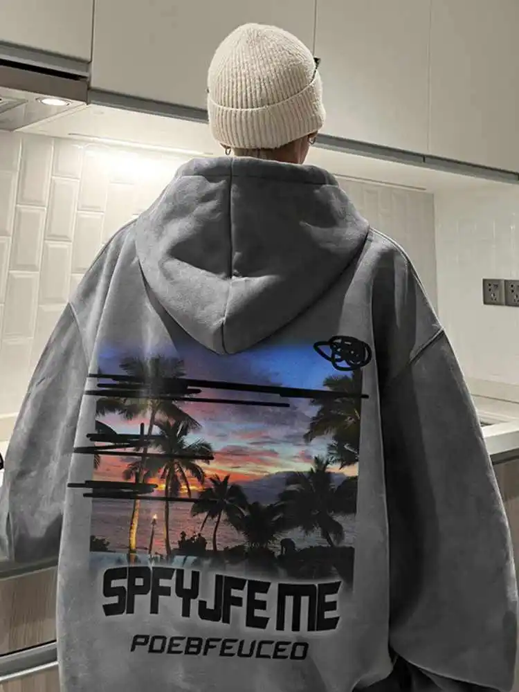 

Youth Men's Hoodie Suede Spring Autumn American Sle Heavyweight Cotton Polyester Blend Regular Fit Print Casual Sweatirt