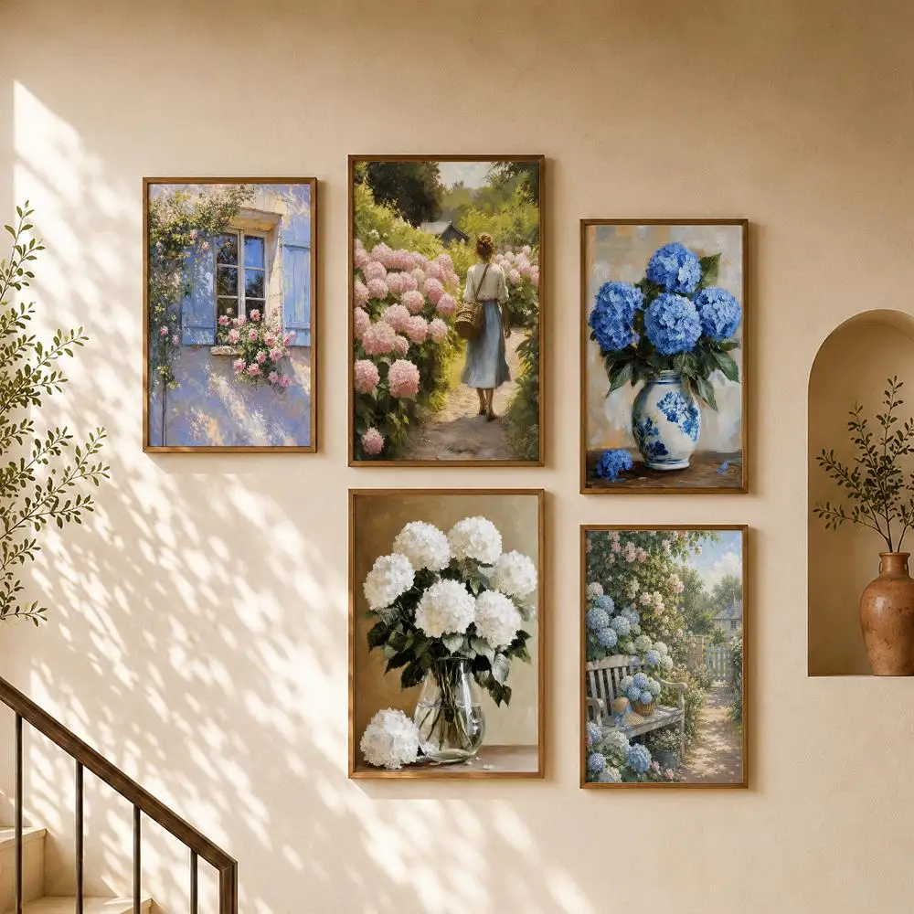 Romantic Hydrangea Garden Cottage Floral Countryside Oil Painting Poster Home Room Cafe Club Decor Aesthetic Art Wall Painting