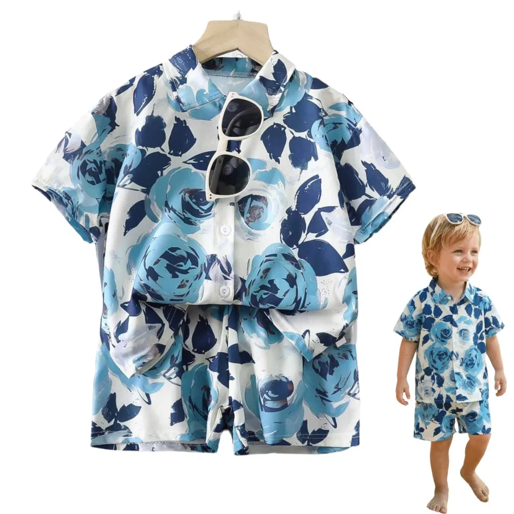 2 Piece Button Front Boys Outfit Elastic Waist Loose Fit 2 Piece Set Matching Shorts Collared Shirt Kids Summer Set Summer Wear