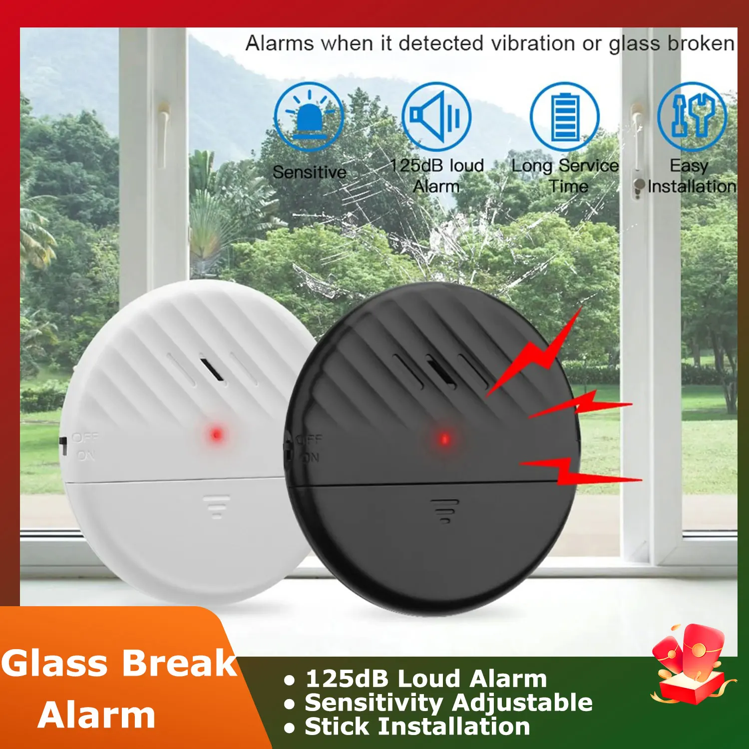 Wireless Door Window Vibration Sensor Alarm 125dB Glass Breakage Anti-theft Sensor Remote Alarm For Home Safety Protection