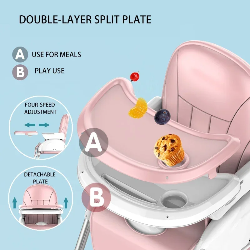 2 in 1 Baby High Chair Height Adjustable Portable Baby Seat with Universal Wheel Toy Rack Double Layer Dining Plate Phone Stand