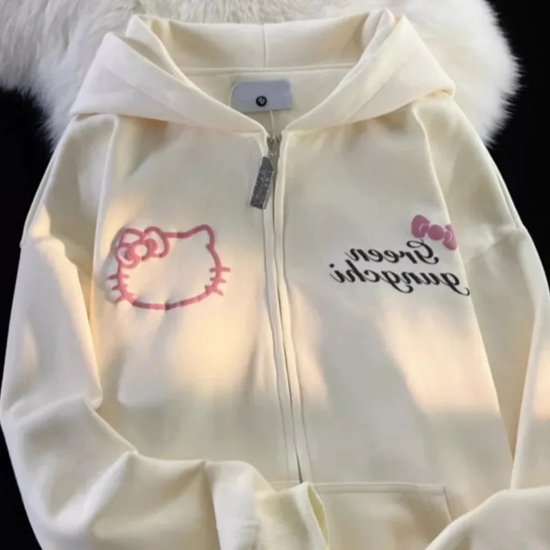 Kawaii Hello Kitty Y2k Solid Plush Coats Sanrio Print Hooded Sweatshirt Cute Cartoon Coats For Women Casual Loose Jackets