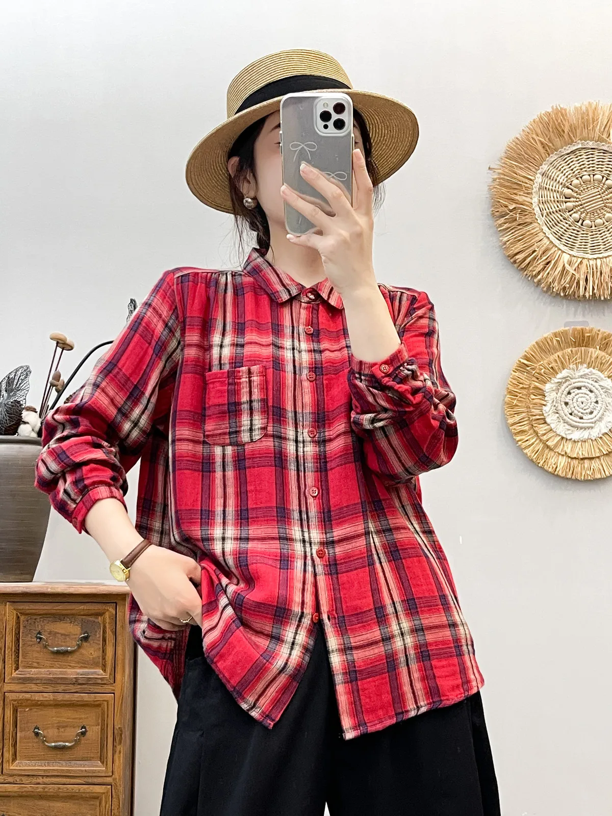 Camisa clásica a cuadros para mujer, Blusa de manga larga de hilo de algodón de estilo japonés, camisa holgada de un solo pecho a cuadros, Tops para niñas