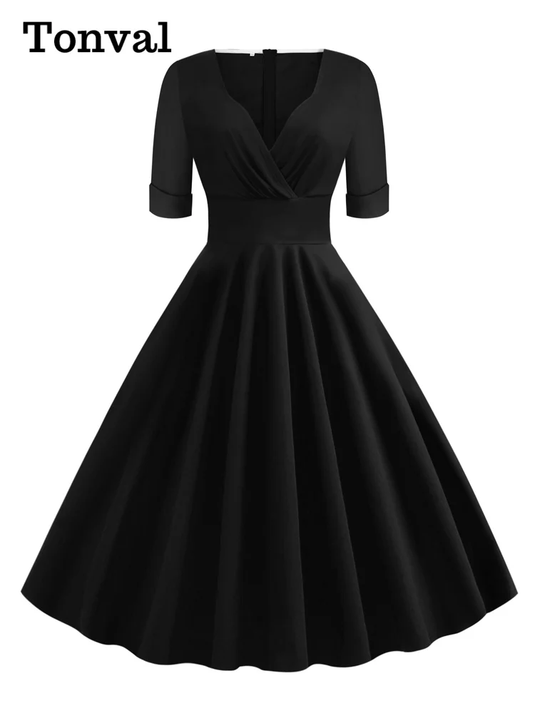 Tonval Sexy V-Neck High Waist Cotton Dresses for Women 2024 Autumn Half Sleeve Solid Plain Retro Vintage Party Midi Dress