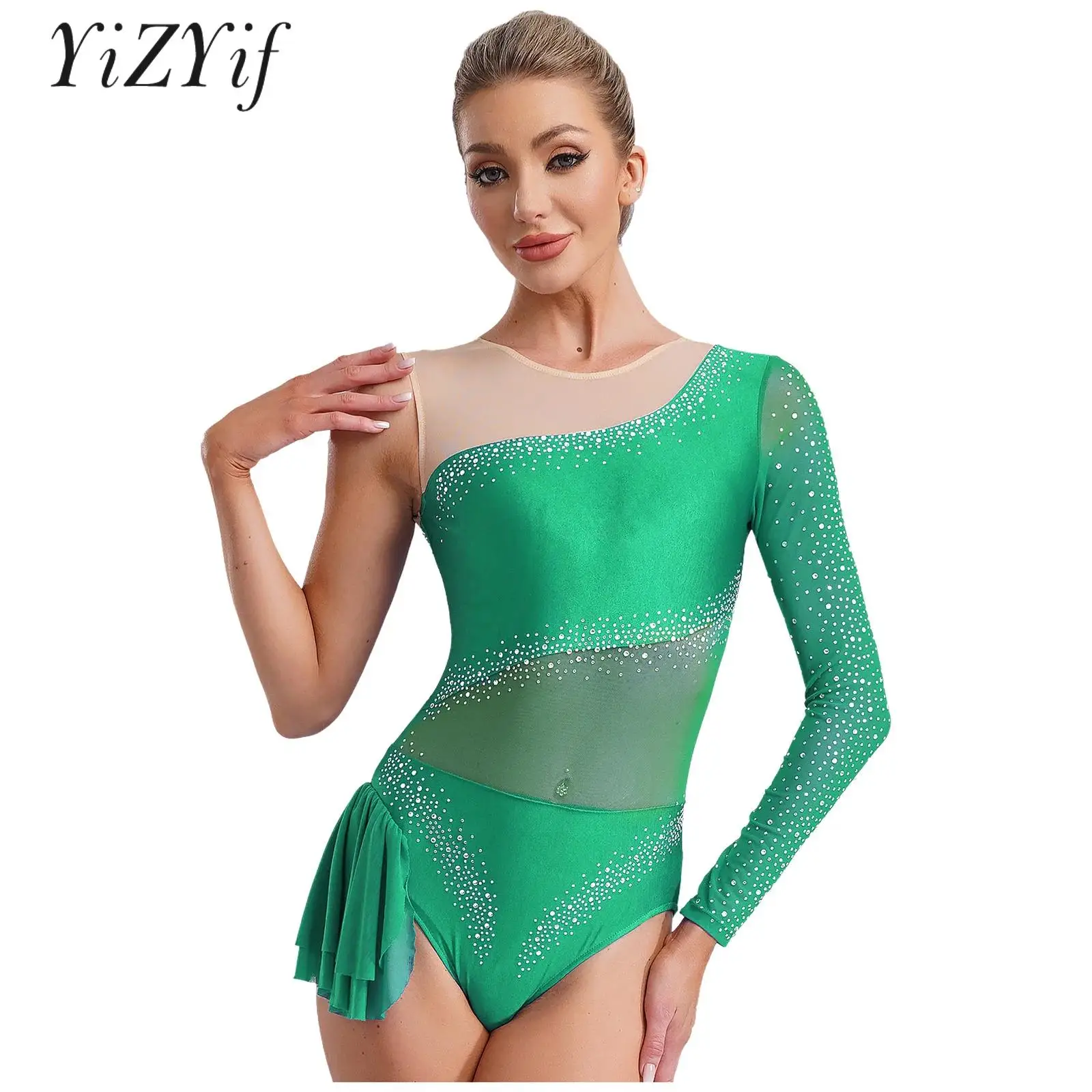 Women Gymnastics Acrobatics Stage Performance Dancewear Yoga Bodysuit Shiny Rhinestones Ballet Dancewear Figure Skating Costume