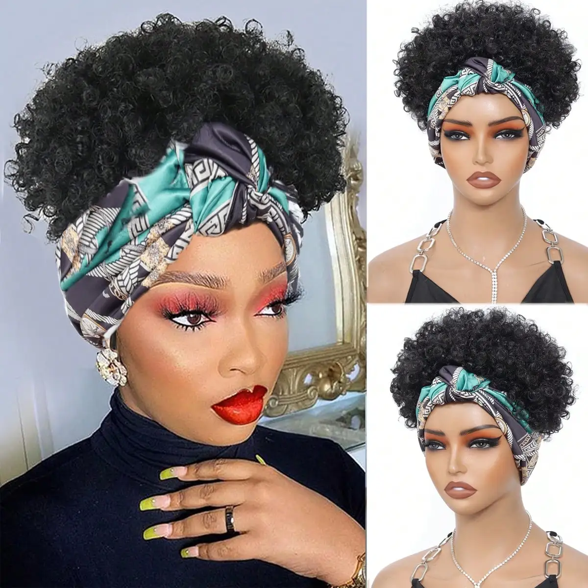 Women Afro Kinky Curly Wig With Synthetic Short Hair Wigs With Headband Attached Headwrap Wigs Kinky Curly Headband Wig