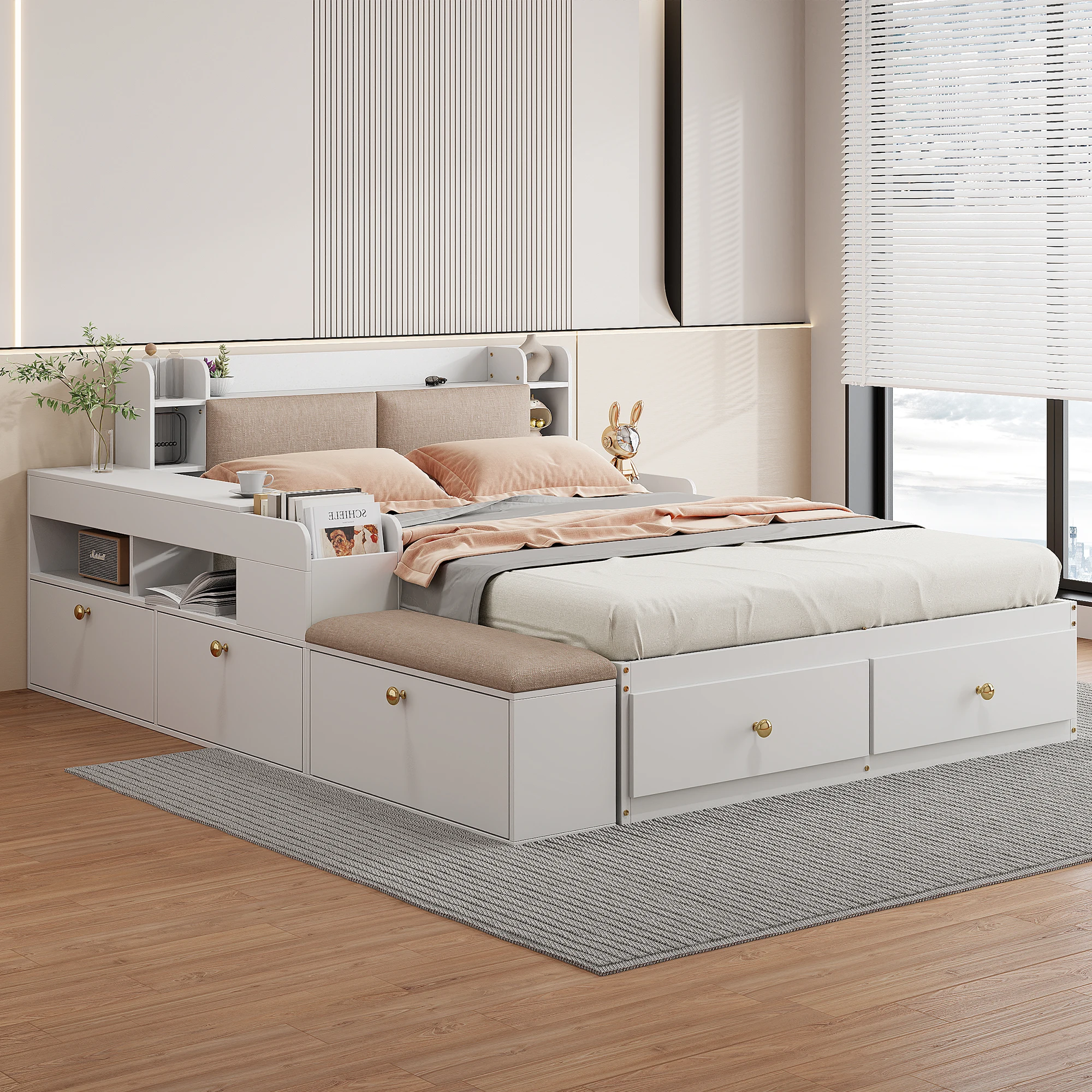 Solid wood combination bed 140x200 cm headboard with storage compartment drawers bedside table storage long cabinet sofabank White