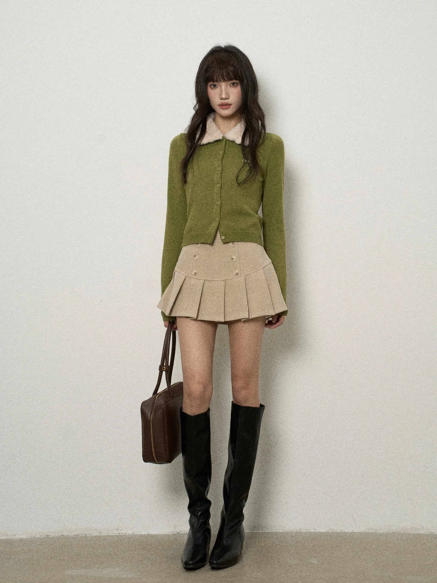 

Flower7 Casual ort Buttoned A-Line Woolen Pleated Skirt Women's Winter Faion Korean Sle Stand Fit with