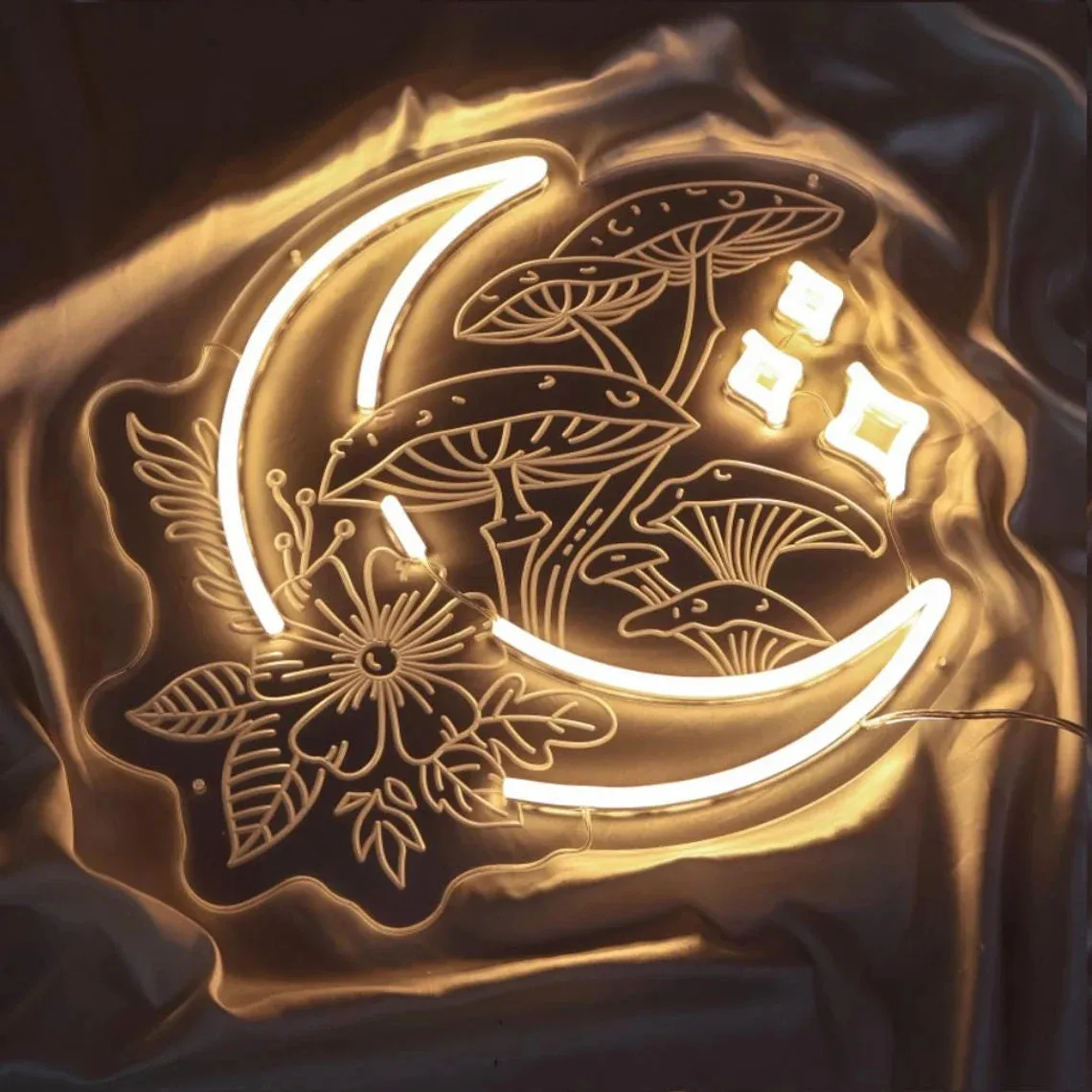 

Moon and Mushrooms Neon Sign, Round Mushroom Neon Decor, Boho Mushroom and Moon Led Neon Light, Custom Handmade Art Wall Decor