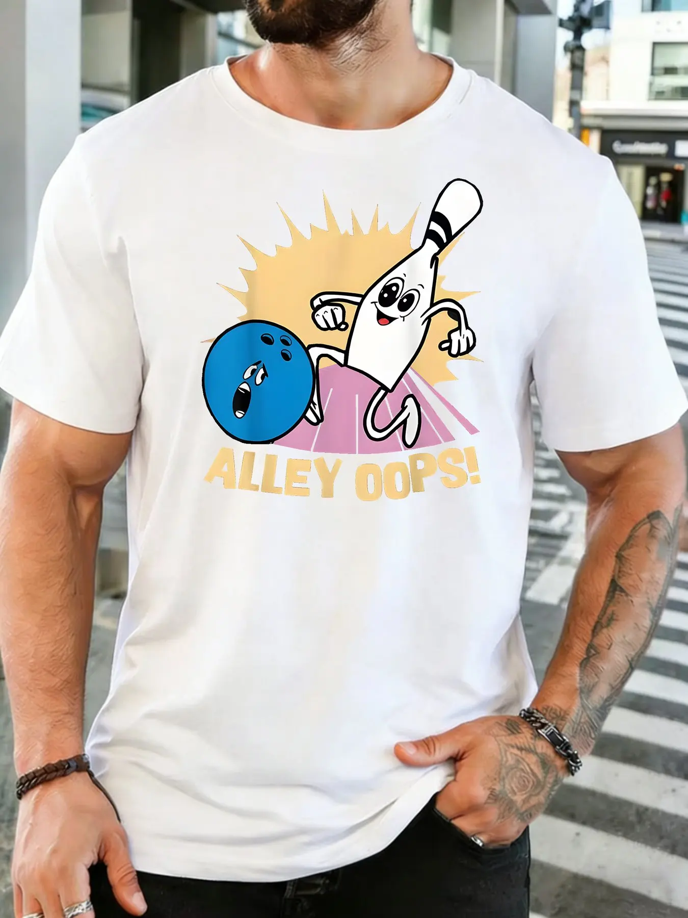 Men Dark Grey Crew Neck Tee Alley Oops Cartoon Bowling Pin Scared Blue Ball Retro Burst Sport Humor Soft Cotton Casual Top