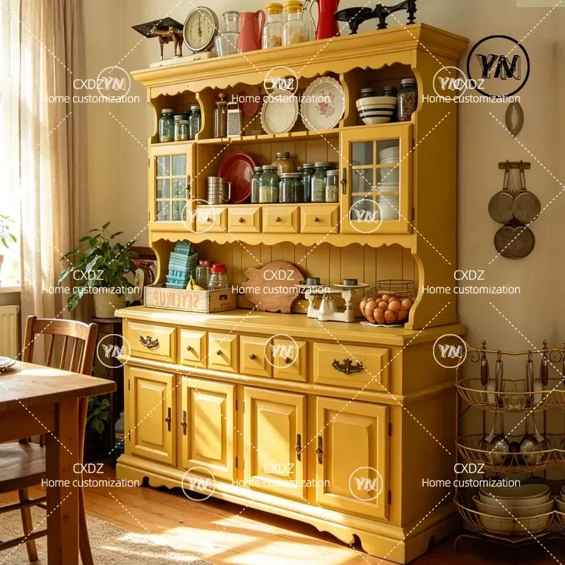 Retro Solid Wood Yellow Locker Antique Living Room Dining Side Cabinet Large Capacity Multi Layer Storage Cabinet