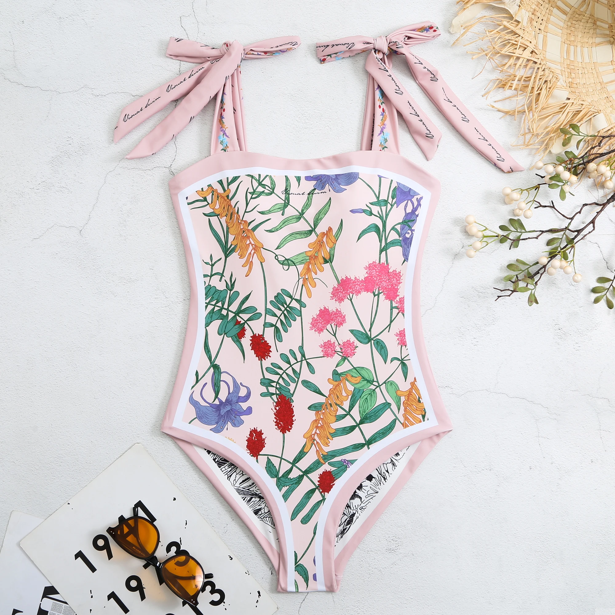 Double sided strap swimsuit with fixed print one-piece vintage swimsuit