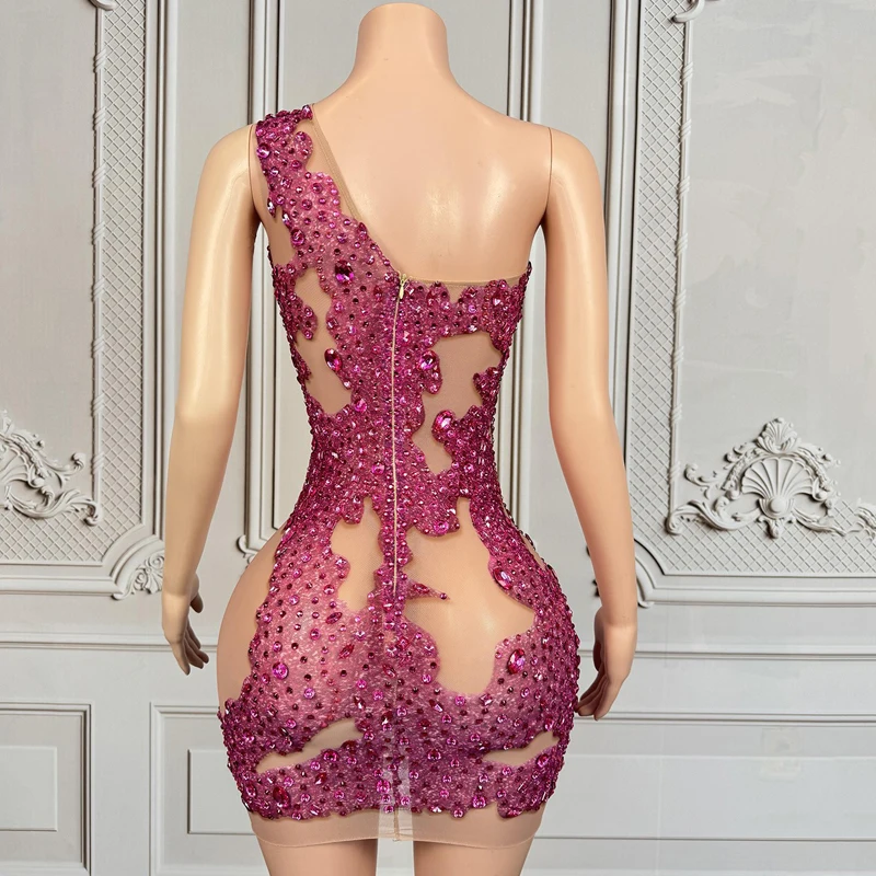 Vestido de fiesta rosa con diamantes de imitación para mujer, traje de actuación para celebración, club nocturno, Bar, Festival, vestido de noche, ropa de escenario XS10283