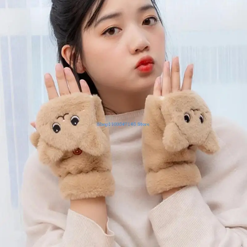 P88B Women Student Thicken Plush Warm Half Finger Gloves for Cat Embroidery Convertible Top Winter Fingerless for