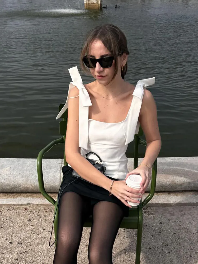 여성 여름 리본 스퀘어 넥 슬링 탑 여성용 신상 패션 섹시 민소매 하이 스트리트 사이드 지퍼 슬림 솔리드 탑