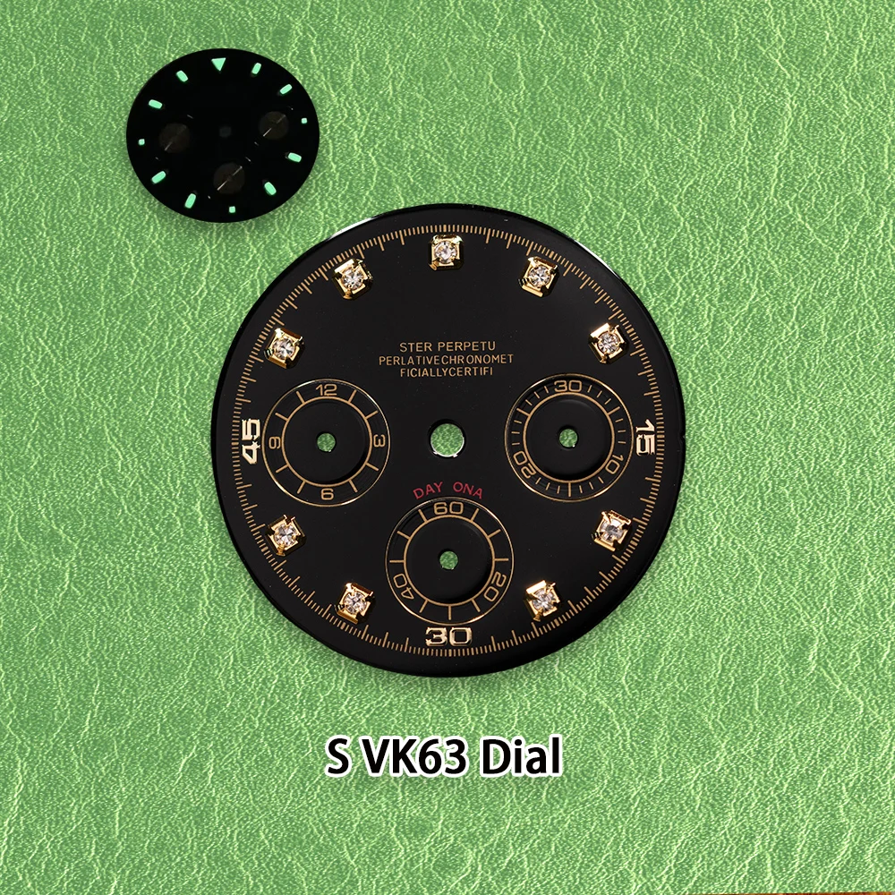 S Logo Dial 29.5mm Panda Meteorite Blue Dial black VK63 Dial Fit VK63 Movement Green Luminous Watch Modification Accessories